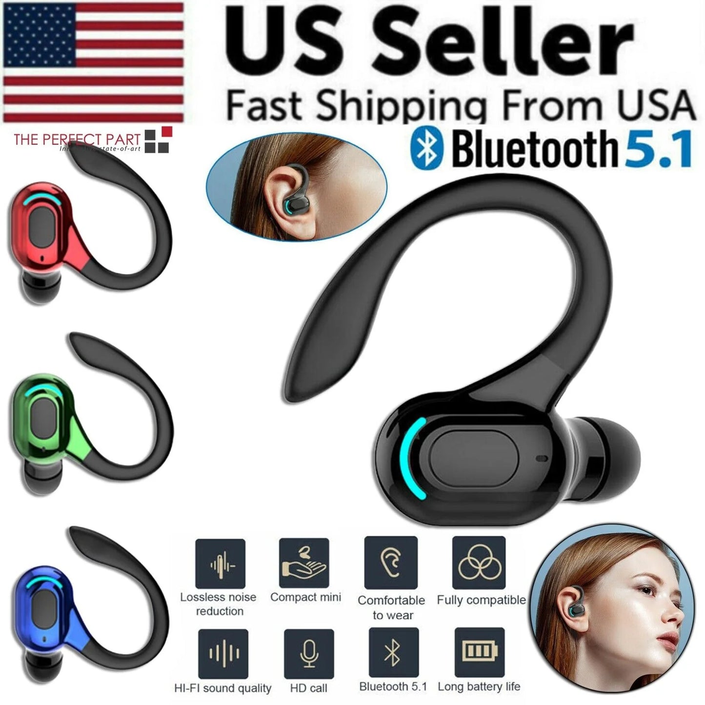 Bluetooth 5.1 Wireless Earbuds with Ear Hook – Stereo Headphones